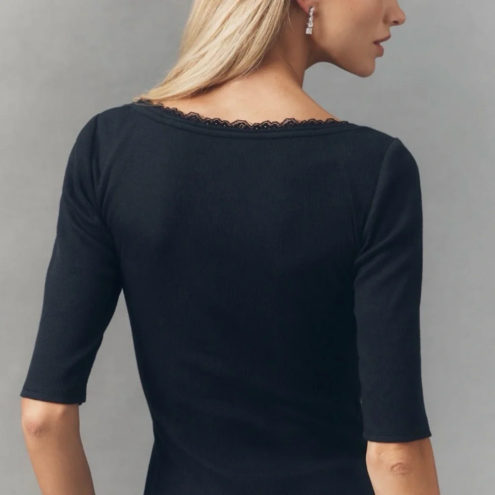 Maeve Lace-Trimmed Three-Quarter Sleeve Top, Black, SMALL NWT - Picture 3 of 5